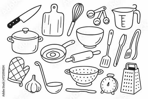 Hand-Drawn Kitchen Utensil Icon Set in Black-and-White Doodle Style for Culinary Designs