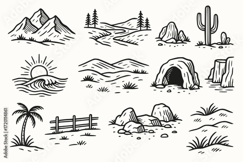 Vintage Landscape Illustration Icon Set in Bold Black Line Art Style on White Background