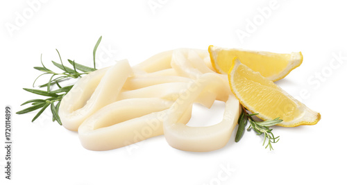 Bild auf Leinwand Uncooked squid rings with lemon slices and rosemary isolated on white
