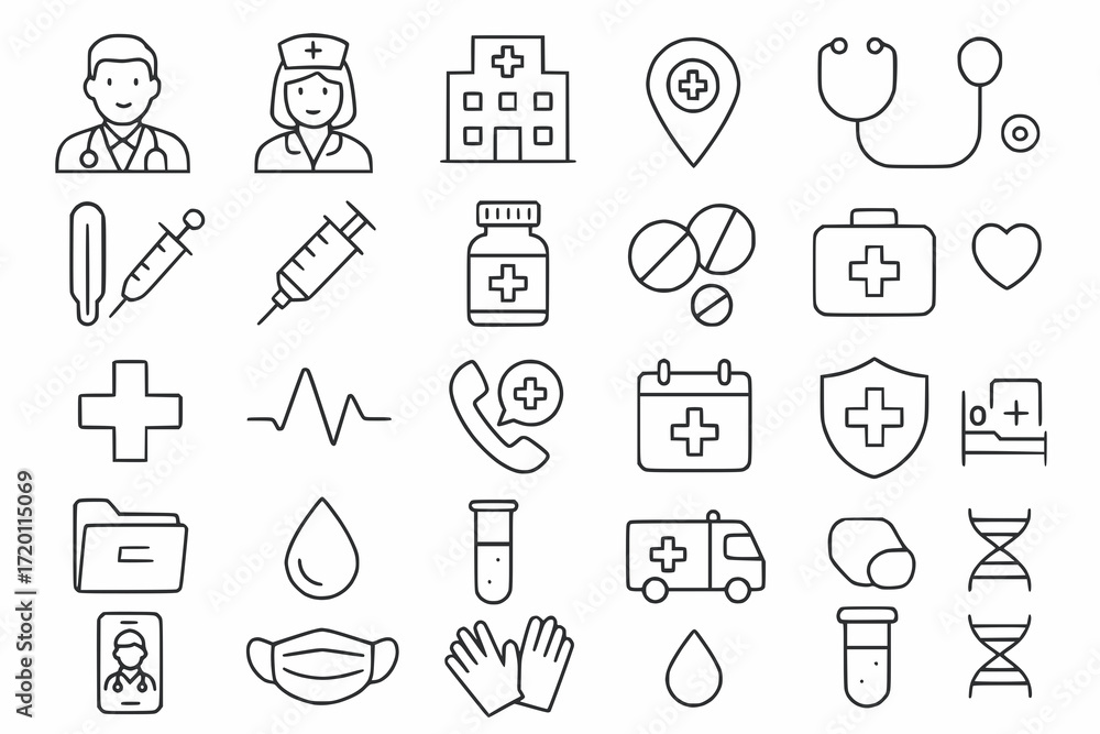 Fototapeta premium Minimal Healthcare and Medicine Icon Set in Flat Line Style on White Background