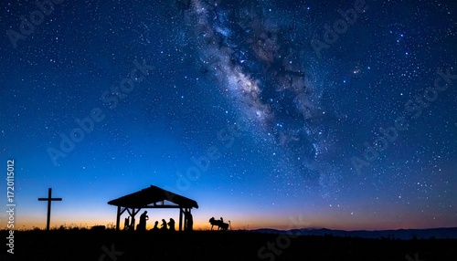 Serene nativity scene silhouette under starry sky with Milky Way, evoking sense of wonder and peace