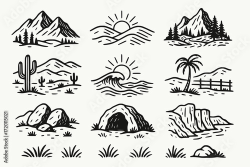 Vintage Landscape Illustration Icon Set in Bold Black Line Art Style on White Background