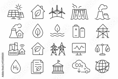 Minimal Renewable Energy and Sustainability Icon Set in Flat Line Style on White Background