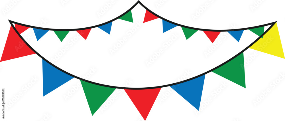 Fototapeta premium Two rows of colorful triangular bunting flags hanging on a black string.