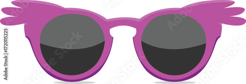 A pair of purple sunglasses with wing-like details on the sides, casting a small shadow.