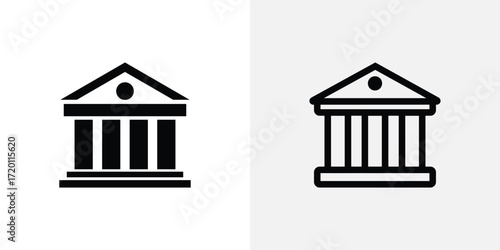 Two outline icons representing a classical building or bank