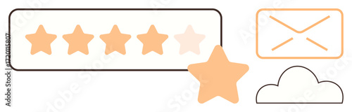 Five stars with one highlighted, email envelope, and cloud icon representing feedback, communication, storage. Ideal for reviews, ratings, customer service, evaluation messaging data storage