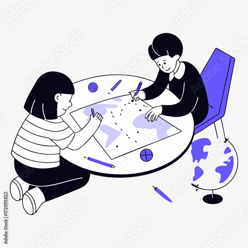 Children learning about the world by drawing on a map