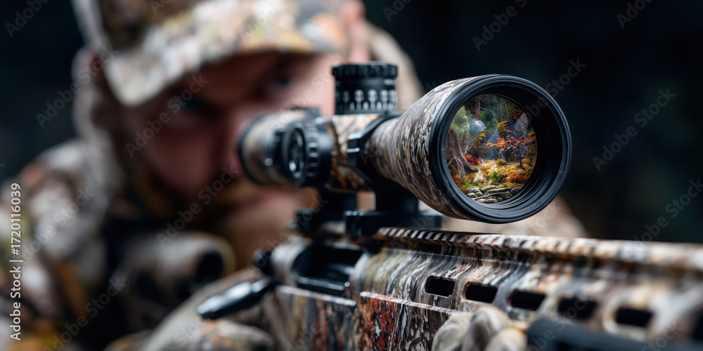 Obraz premium Hunter aiming rifle scope revealing underwater aquarium concept