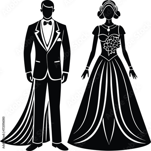 An elegant silhouette of a dancing wedding couple, a beautiful illustration of a bride and groom in love, commitment, tenderness, romantic pose, bridalwear