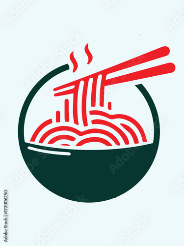 Stylized illustration of a bowl of noodles with chopsticks, featuring steam rising from the hot food.
