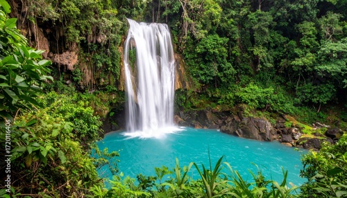 Powerful waterfall plunges into turquoise pool surrounded by lush greenery, creating serene and vibrant natural scene