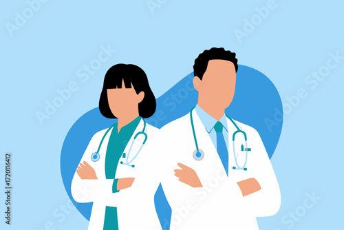Two Doctors in White Coats Arms Crossed Healthcare Professionals.