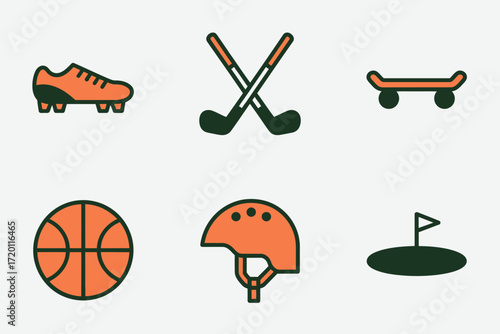 Colorful Sport Icons Set Football, Golf, Skateboarding, Basketball.