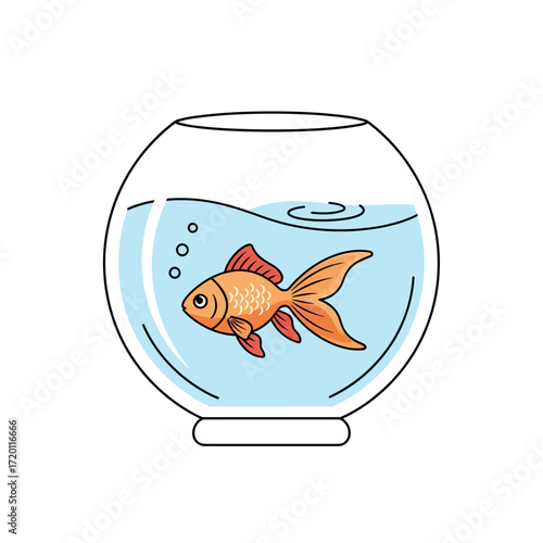 A vibrant orange goldfish swims gracefully within a clear, spherical fishbowl filled with shimmering blue water, creating a tranquil underwater scene