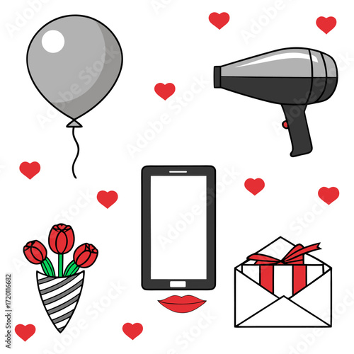 Valentine s day icons with balloon flowers tablet hairdryer and gift