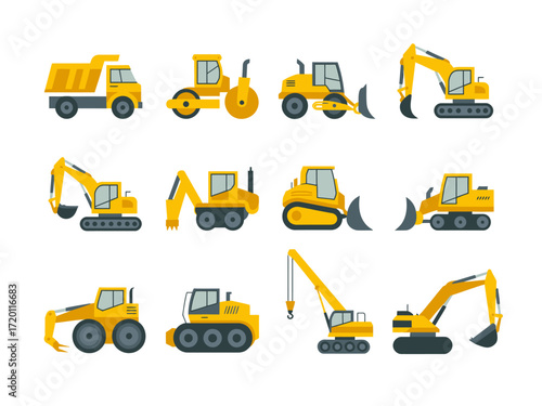 Collection of Yellow Construction Vehicles Icons.