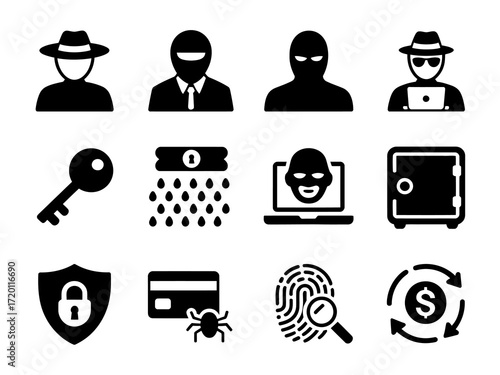 Cybersecurity Icons Set Hacker, Thief, Security, and Privacy.