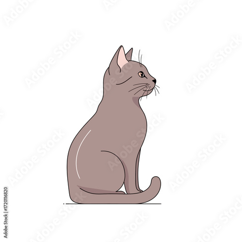 Side profile view of a graceful lilac-colored cat sitting patiently. Minimalist domestic pet portrait illustration