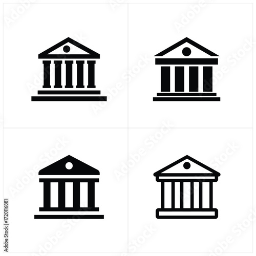 Four simple black icons representing classical buildings
