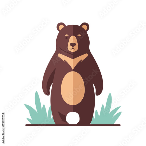 A charming cartoon bear illustration standing amid lush green grass, radiating a delightful, inviting vibe