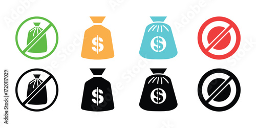 Money bag icons with prohibition and approval symbols