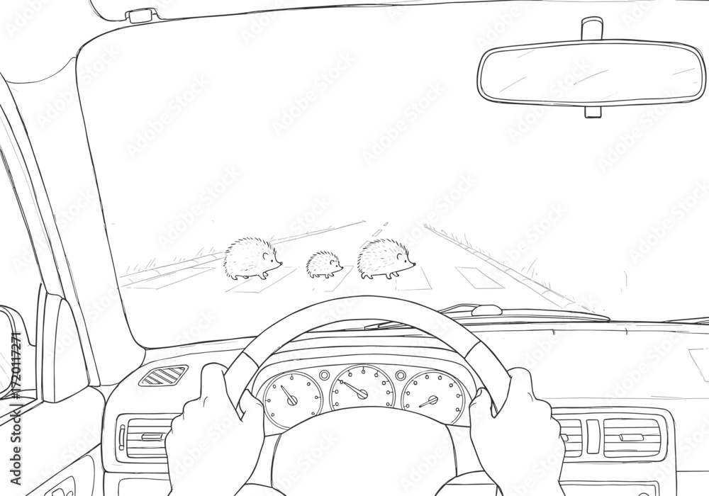 Fototapeta premium Driver's hands on steering wheel while driving on empty road 