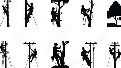 Electrician climbing utility pole, tree climber silhouette, power line worker, arborist on tree, safety harness, outdoor labor, maintenance worker, rope access, electrical repair, forestry service