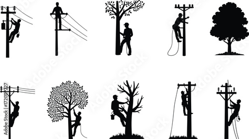 Electrician climbing utility pole, tree climber silhouette, power line worker, arborist on tree, safety harness, outdoor labor, maintenance worker, rope access, electrical repair, forestry service