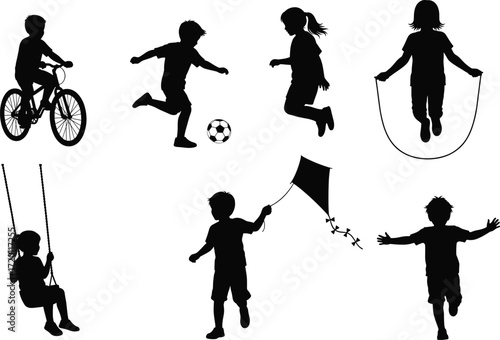Children outdoor activity silhouette set, black and white vector icons, biking, jumping, swinging, skipping, kite flying, playful design
