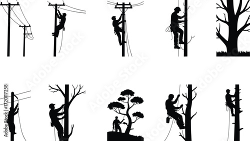 Electrician climbing utility pole, tree climber silhouette, power line worker, arborist on tree, safety harness, outdoor labor, maintenance worker, rope access, electrical repair, forestry service