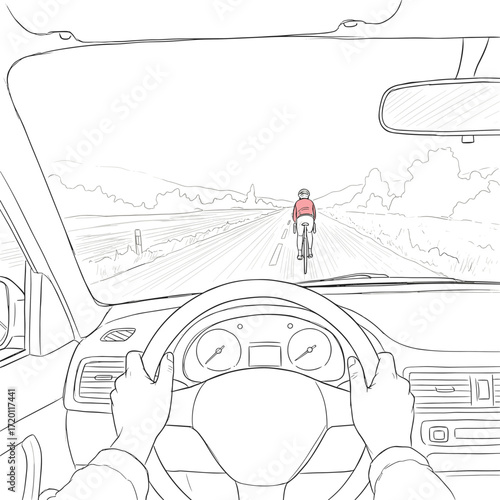 Driver's view of cyclist riding on the road in a rural area  