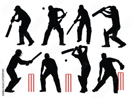 Collection of cricket player silhouettes in action