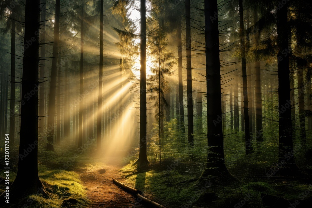 Obraz premium Golden sunbeams pierce misty forest canopy sunlight trees