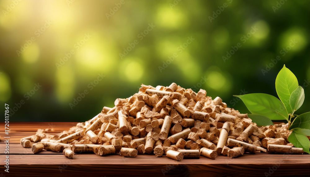 Obraz premium A Pile Of Wood Pellets Sits On A Wooden Surface Against A Blurred Green Background
