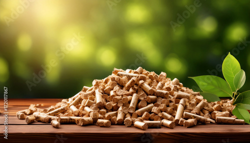 A Pile Of Wood Pellets Sits On A Wooden Surface Against A Blurred Green Background