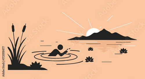 A solitary person enjoying a tranquil wild swim in a serene mountain lake at sunrise, surrounded by the beauty of nature