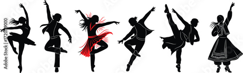 Dance silhouette illustration set, black and red vector icons, cultural styles, flamenco, ballet, folk, expressive motion, artistic performance design