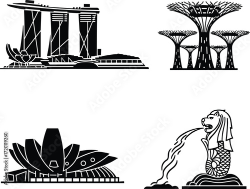 Singapore's Iconic Landmarks Vector Collection: Merlion, Marina Bay Sands, Supertrees, and ArtScience Museum Silhouettes