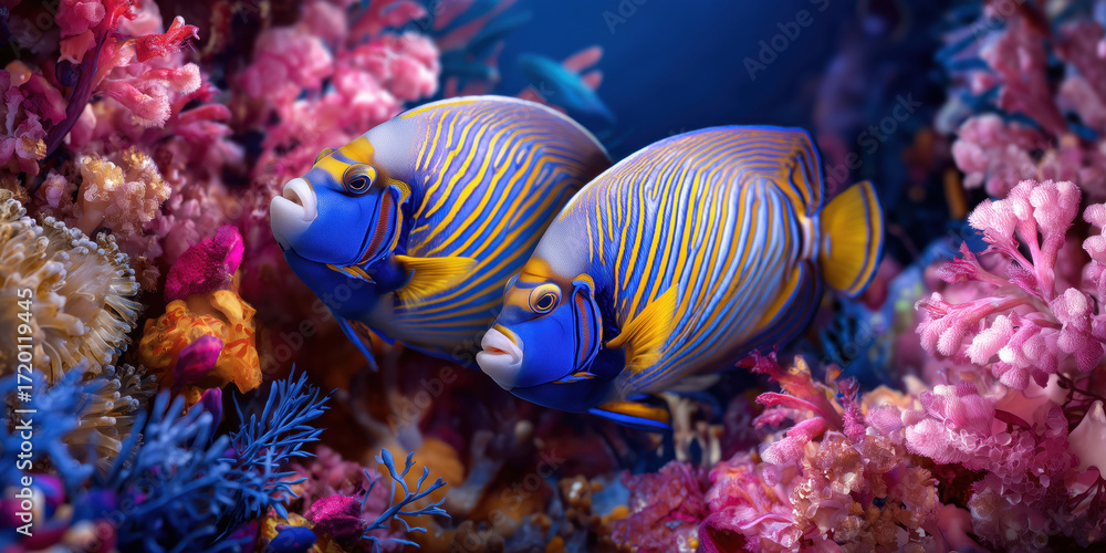 Obraz premium Vibrant tropical angelfish swimming among colorful coral reef