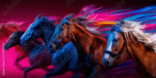 Dynamic galloping horses with vibrant motion trails