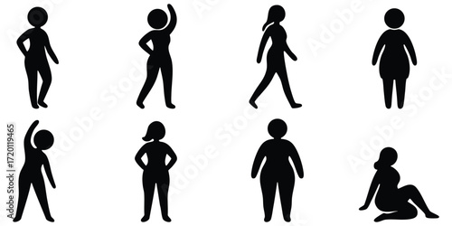 Stickman silhouette set of overweight body poses showing obesity, health, lifestyle, diet, and fitness related body shapes icons