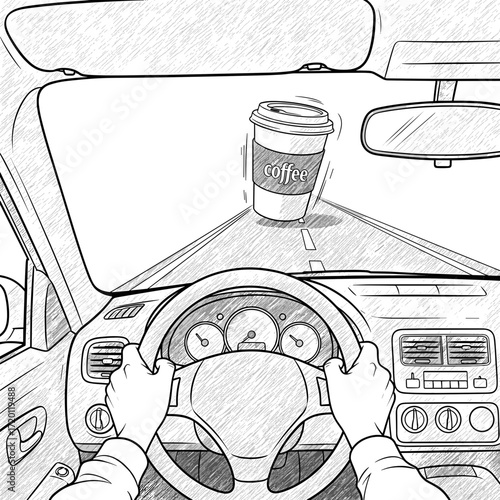 Driver holding steering wheel with coffee cup on road ahead  
