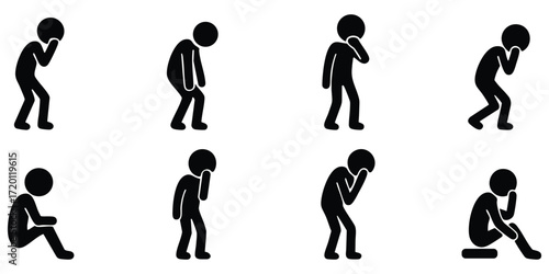 Stickman silhouette set of sad poses showing depression, stress, loneliness, and emotional sadness in sitting and standing position