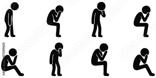 Stickman silhouette set of thinking and deep thought poses showing concentration, decision making, and problem solving expressions