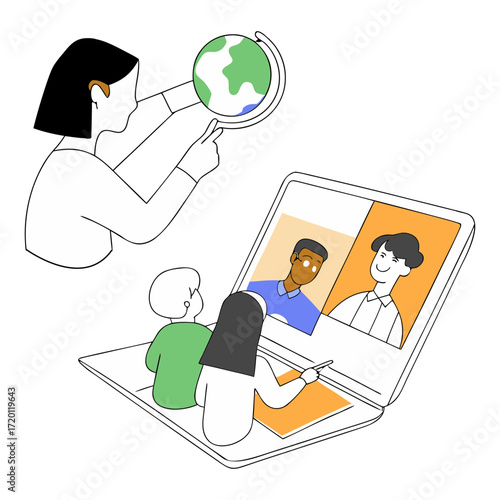 Teacher leading online global education class with students watching on laptop