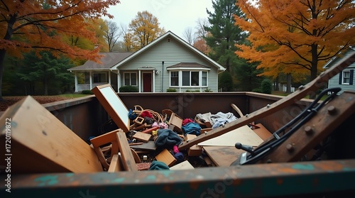 Autumnal scene of a residential dumpster overflowing with debris in front of a dilapidated house