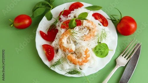 Diet Cooked Rice Noodles with Shrimp and Basil