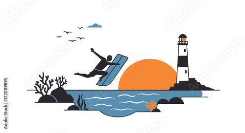 Coastal adventure illustration of a wakeboarder performing a mid-air jump near a lighthouse at sunset