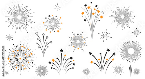 A collection of celebratory fireworks and starburst designs for festive occasions.